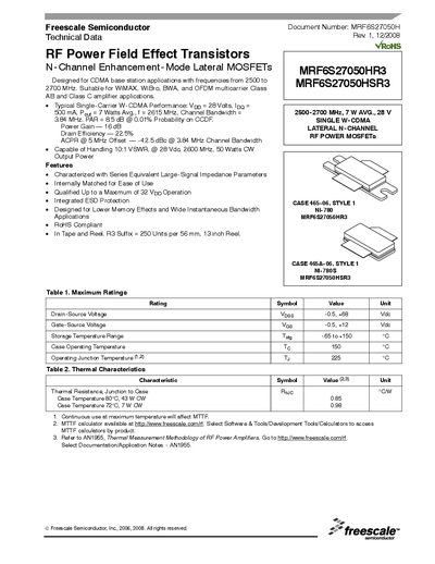 freescale MRF6S27050HR3/MRF6S270850HSR3 Manual - cover page