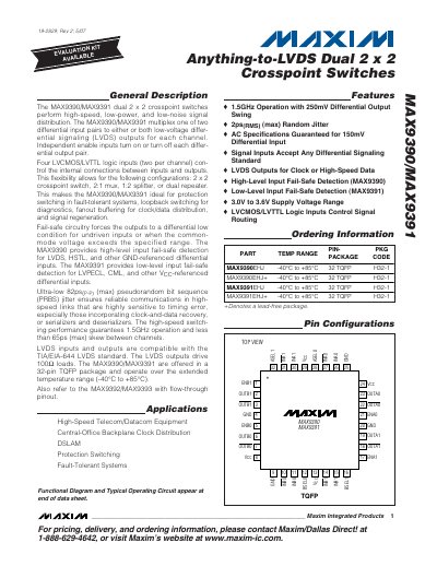 Maxim MAX9390/MAX9391 Dual 2x2 Crosspoint Switches Datasheet - cover page