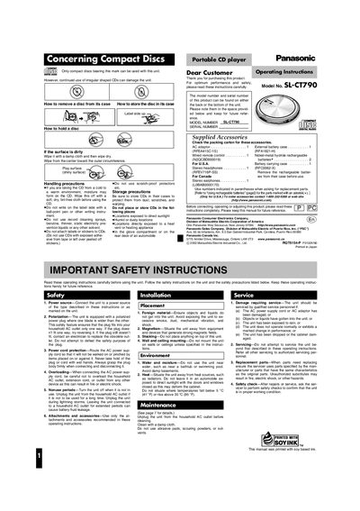 Panasonic SL-CT790 Portable CD Player Operating Instructions - cover page