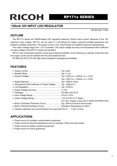 Ricoh RP171x Series LDO Regulator Datasheet - cover page