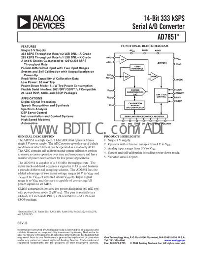 Analog Devices AD7851 14‑Bit ADC Datasheet - cover page