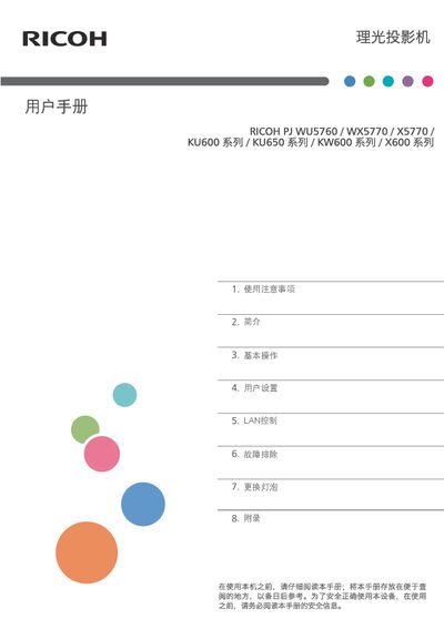 Ricoh PJ X5770 / WX5770 / WU5760 / X600 / KW600 / KU600 / KU650 Projector User Manual - cover page