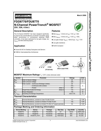 Fairchild Semiconductor FDD8770/FDU8770 N-Channel PowerTrench MOSFET Datasheet - cover page