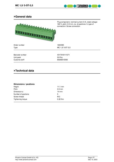 Phoenix Contact MC 1,5/5-ST-3,5 Product Handbook - cover page