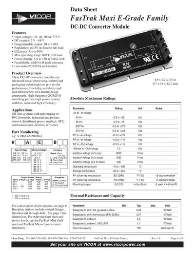 VICOR FasTrak Maxi E-Grade Family DC-DC Converter Module Data Sheet - cover page
