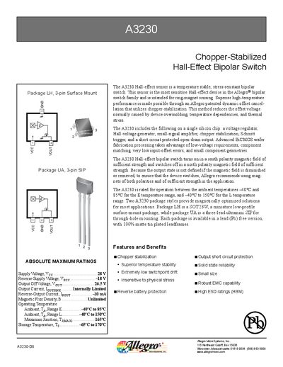 Allegro A3230 Hall-Effect Bipolar Switch Datasheet - cover page