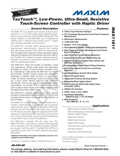 Maxim MAX11811 Touch‑Screen Controller Datasheet - cover page