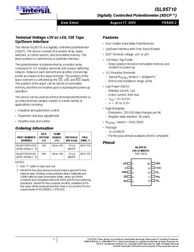 Intersil ISL95710 Digitally Controlled Potentiometer Datasheet - cover page