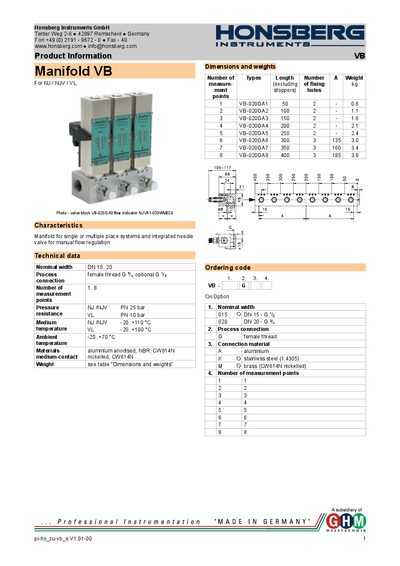 Honsberg Instruments VB-020GA Product Information - cover page