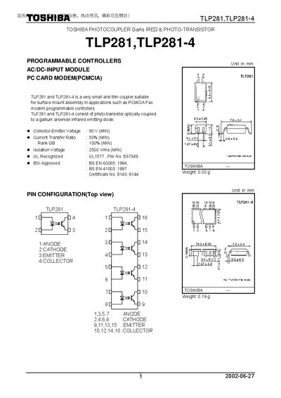 Toshiba TLP281/TLP281-4 Optocoupler Datasheet - cover page