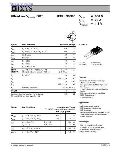 IXYS IXGH 38N60 IGBT Module Datasheet - cover page