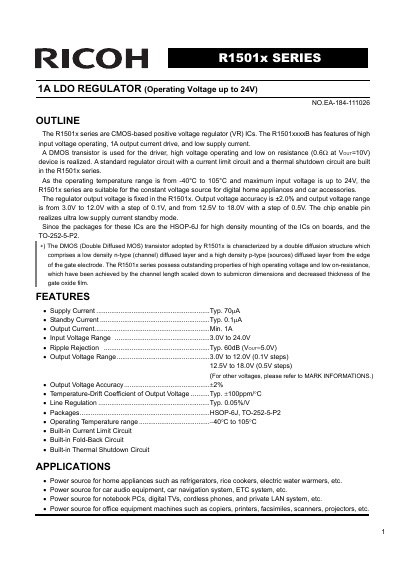Ricoh R1501x Series 1A LDO Regulator Datasheet