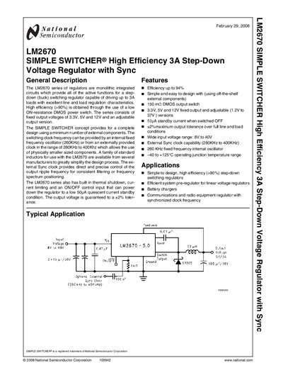 National Semiconductor LM2670 Simple Switcher High Efficiency 3A Step-Down Voltage Regulator with Sync Datasheet - cover page