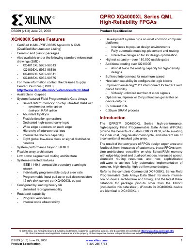 Xilinx QPRO XQ4000XL Series Product Specification - cover page