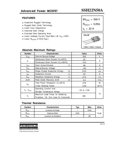 Fairchild SSH22N50A Power MOSFET Datasheet - cover page