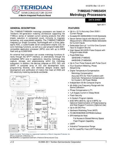 Teridian 71M6545/71M6545H Metrology Processor Datasheet - cover page