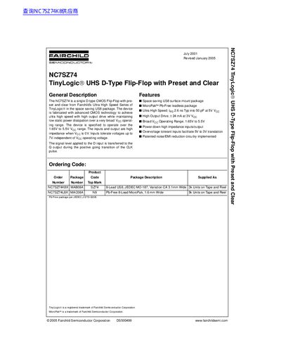 Fairchild NC7SZ74 TinyLogic UHS D-Type Flip-Flop with Preset and Clear Datasheet - cover page