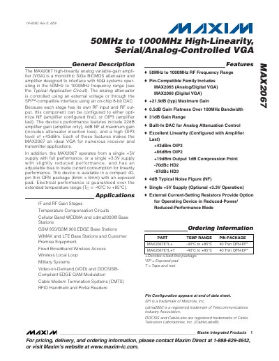 Maxim MAX2067 High-Linearity Variable Gain Amplifier Datasheet - cover page
