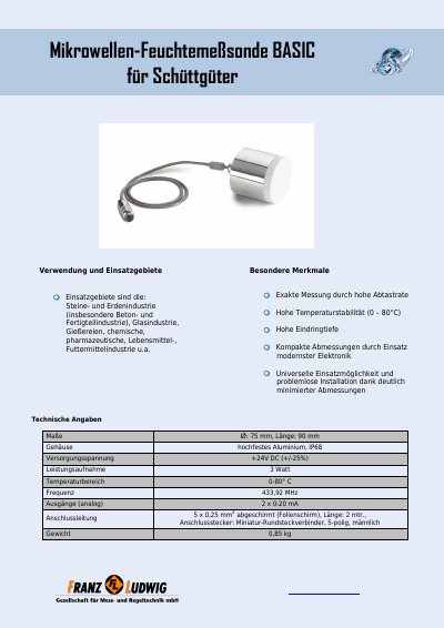 Franz Z20220 Microwave Moisture Probe for Bulk Materials - cover page