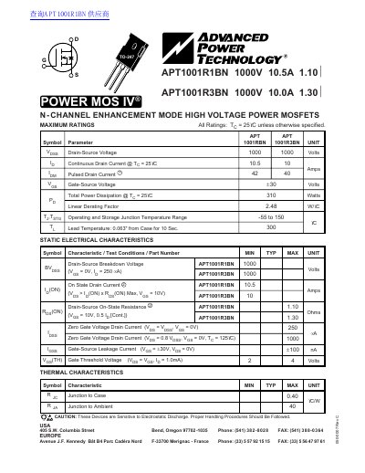 Advanced Power Technology APT1001R1BN/APT1001R3BN Datasheet - cover page