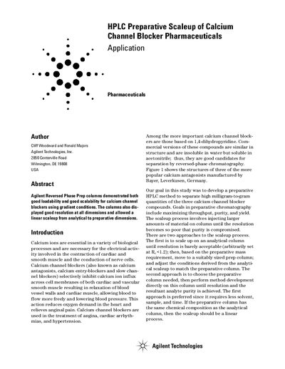 Agilent Prep-C18 Preparative Scaleup of Calcium Channel Blockers Application Note - cover page