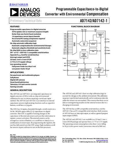 Analog Devices AD7142/AD7142-1 Programmable Capacitance-to-Digital Converter Datasheet - cover page