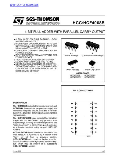 SGS-THOMSON HCC/HCF4008B 4-Bit Full Adder Datasheet - cover page