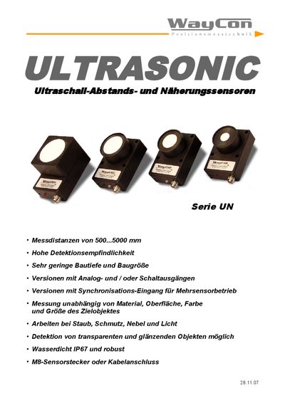 Waycon UN Series Ultrasonic Distance and Proximity Sensor Manual - cover page