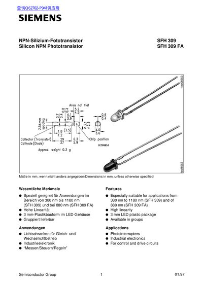 Siemens SFH 309 Silicon NPN Phototransistor Datasheet - cover page