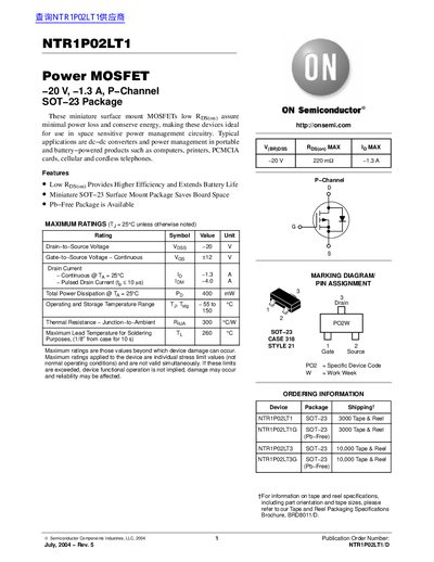 ON Semiconductor NTR1P02LT1 P-Channel Power MOSFET Datasheet - cover page