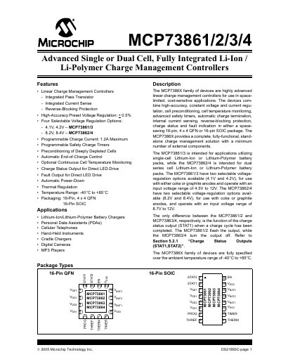 Microchip MCP73861/2/3/4 Charge Management Controller Datasheet - cover page