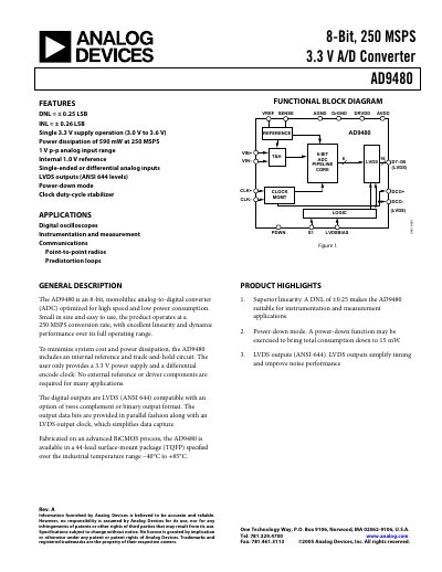 Analog Devices AD9480 8‑Bit 250 MSPS ADC Datasheet - cover page