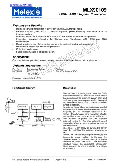 Melexis MLX90109 125kHz RFID Integrated Transceiver Handbook - cover page