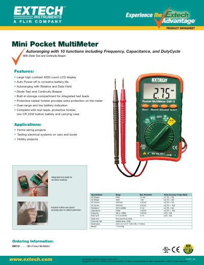 EXTECH DM110 Mini Pocket MultiMeter Product Datasheet - cover page