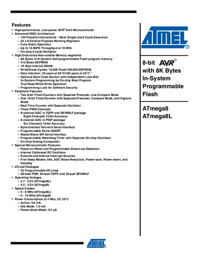 ATMEL ATmega8/ATmega8L Manual - cover page