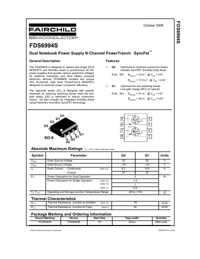 Fairchild FDS6994S Dual Notebook Power Supply N-Channel MOSFET Datasheet - cover page