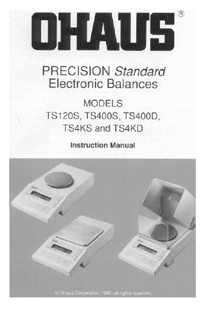 Ohaus Precision Standard Electronic Balances TS Series Instruction Manual - cover page
