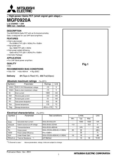 Mitsubishi MGF0920A GaAs FET Datasheet - cover page