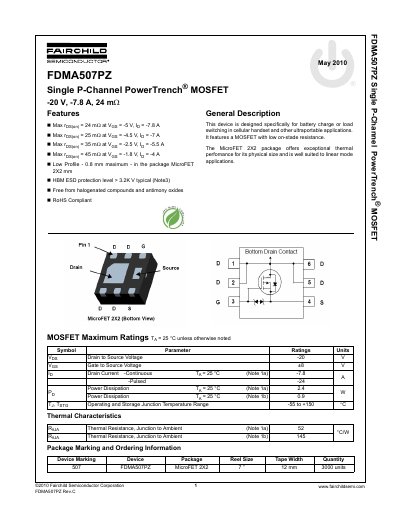 Fairchild FDMA507PZ Single P-Channel MOSFET Datasheet - cover page