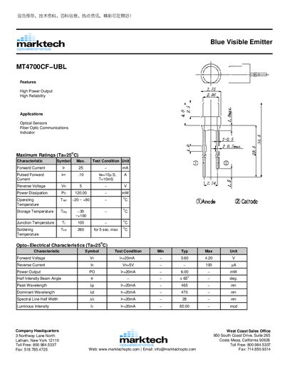 Marktech MT4700CF-UBL Blue Visible Emitter Datasheet - cover page