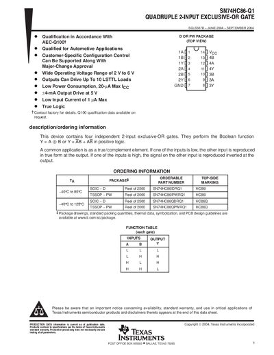 Texas Instruments SN74HC86-Q1 Datasheet