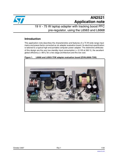 STMicroelectronics AN2521 19 V 75 W Laptop Adapter Application Note - cover page