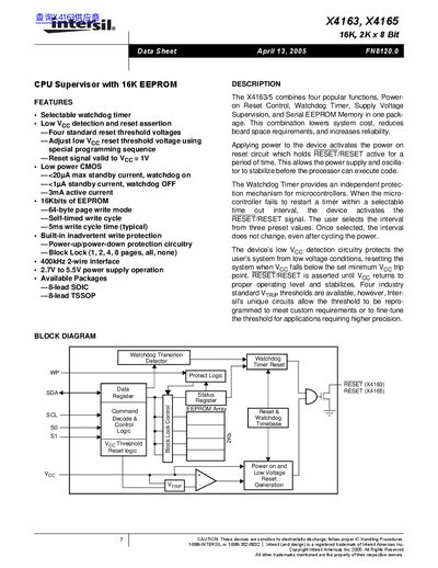 Intersil X4163/X4165 16K × 8‑Bit CPU Supervisor Datasheet - cover page