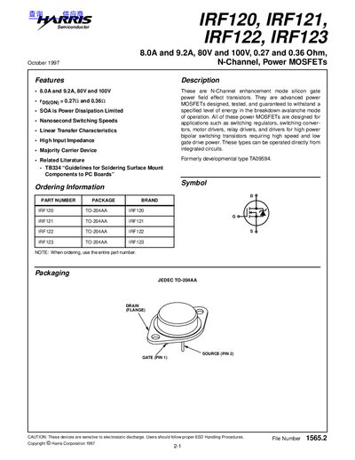 Harris IRF120, IRF121, IRF122, IRF123 Power MOSFETs Datasheet - cover page