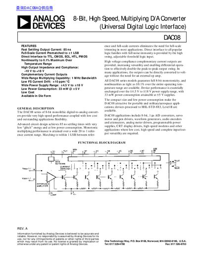 Analog Devices DAC08 Series 8-Bit High Speed Multiplying D/A Converter Datasheet - cover page