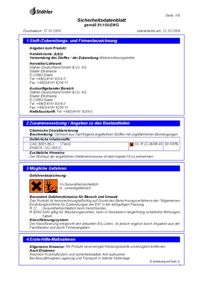 Stähler Arbin Safety Data Sheet - cover page