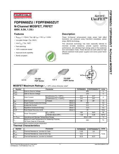 Fairchild FDP8N60ZU/FDPF8N60ZUT N-Channel MOSFET Datasheet - cover page