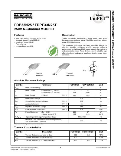 Fairchild Semiconductor FDP33N25/FDPF33N25T 250V N-Channel MOSFET Datasheet - cover page
