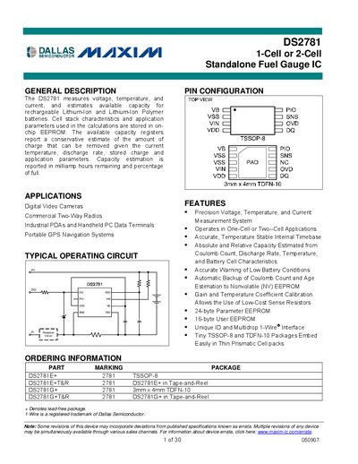 Maxim Integrated DS2781 Two-Cell Standalone Fuel Gauge IC Datasheet - cover page