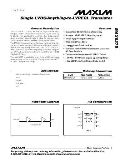 Maxim MAX9375 LVDS/Anything-to-LVPECL Translator Datasheet - cover page